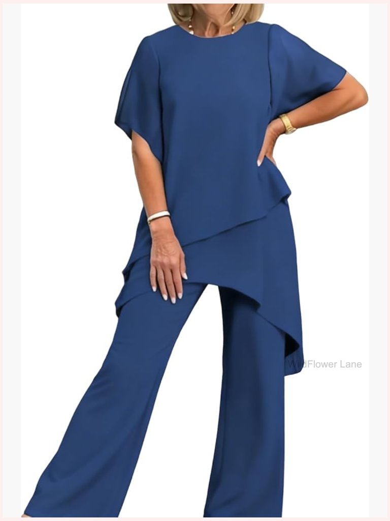 Women's 2 Piece Pant Set Short Sleeve Blouse Vacation Outfits Chiffon